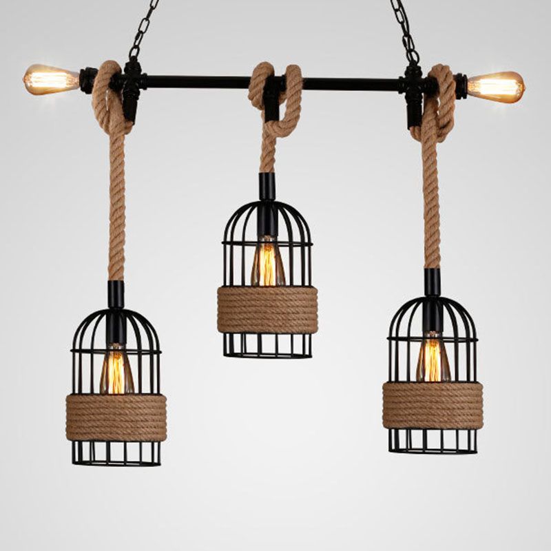 Hemp Rope Birdcage Pendant Lighting Rustic 5-Bulb Dining Room Island Light