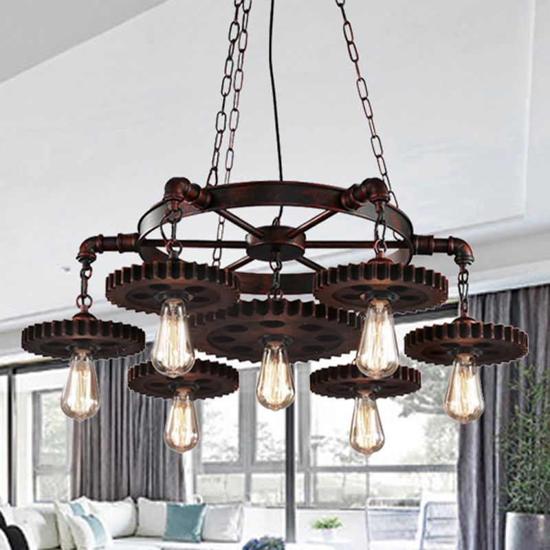Gear Design Wrought Iron Chandelier Light Retro Style 7 Heads Living Room Pendant Lamp in Rust