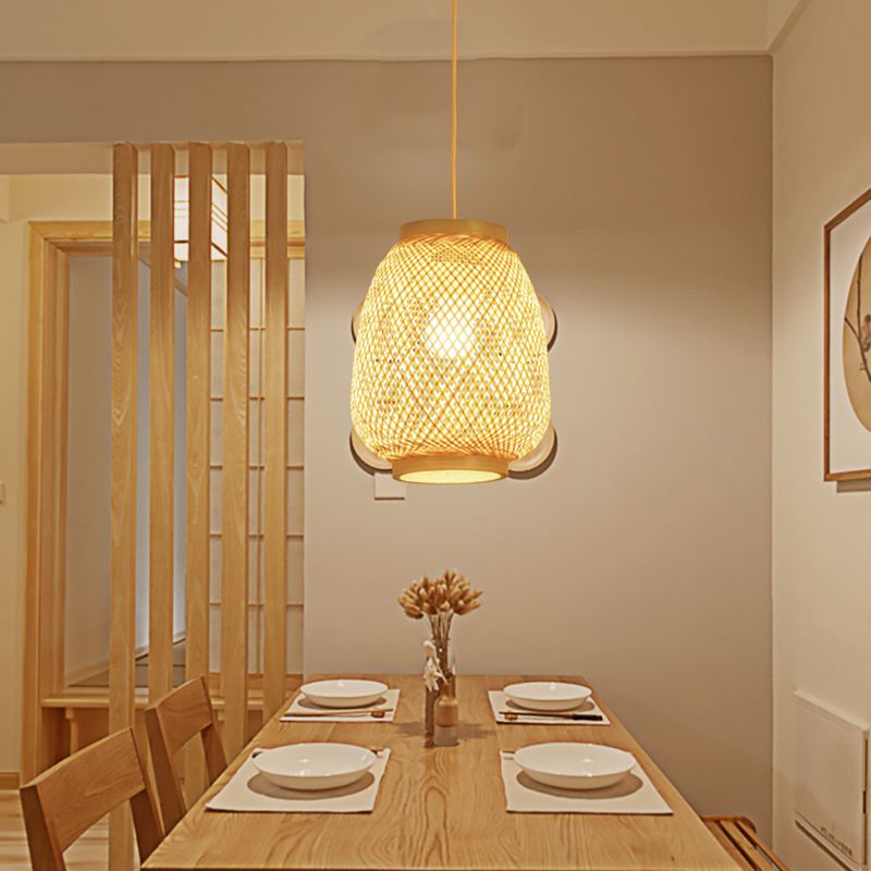Lantern Pendant Lighting Fixture Contemporary 1 Light Restaurant Ceiling Light in Beige