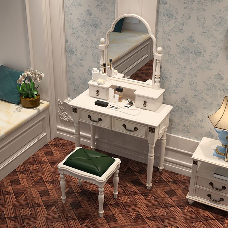 Ivory Mirrored Vanity Desk with 4 Drawers Victorian Wood Dresser