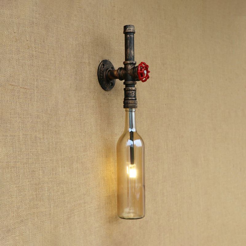 Glass Wine Bottle Wall Lighting Rustic Industrial 1 Light Restaurant Blue/Clear Wall Sconce Light with Red Valve