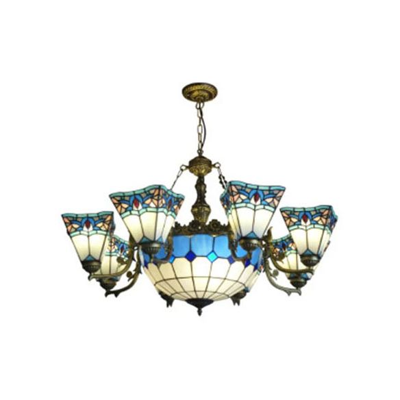 Industrial Vintage Geometric Hanging Pendant Stained Glass 9 Lights Suspension Light for Living Room