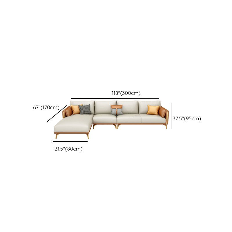 Faux Leather Square Arm Sofa with Chaise in Orange & Beige Loose Back Cushions Sofa