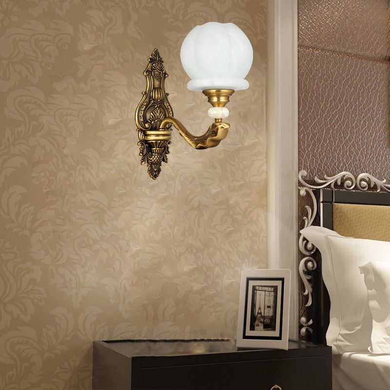 Cream Glass Global Wall Light Sconce Vintage Stylish 1/2-Bulb Living Room Wall Mount Lamp in Brass