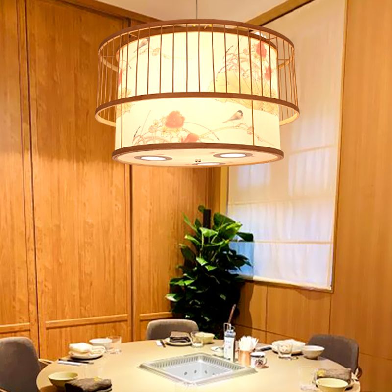 Asian Style Restaurant Pendant Light Cylindrical Bamboo Drop Lamp with Printed Shade