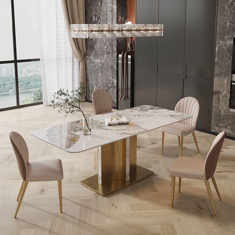 Glam Style Sintered Stone Table Dining Rectangle Table with Metal Legs for Kitchen