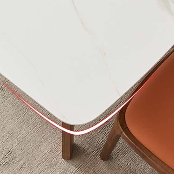 Mesa moderna de mediados de siglo de madera maciza, mesa rectangular de piedra sinterizada blanca