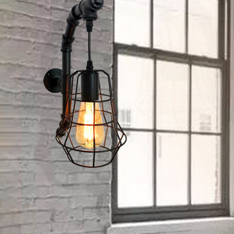 1 Light Cage Wall Lighting Fixture Industrial Black Metal Sconce Light for Bedroom