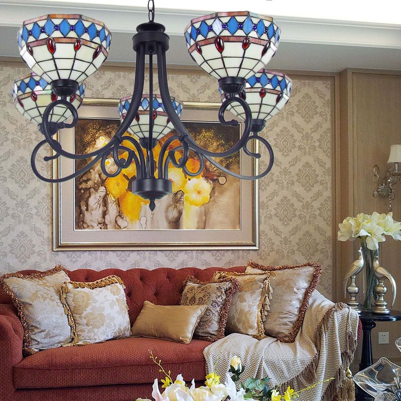 Colorful Glass Bowl Chandelier with Hanging Chain 5 Lights Baroque Pendant Light in 
Beige