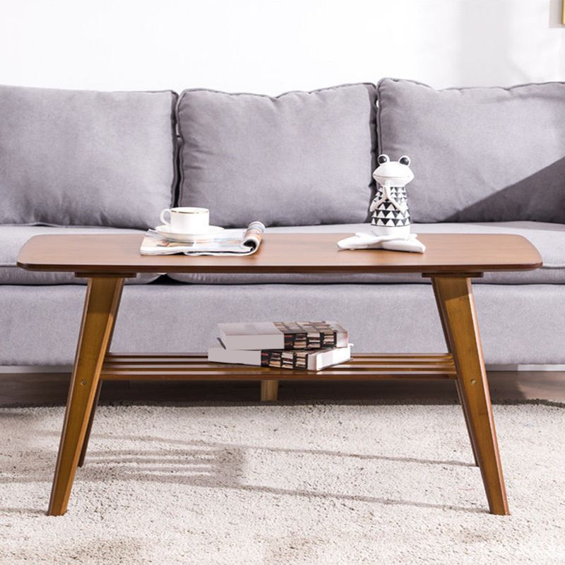 Nordic Style Rectangular Solid Wood Table with Storage Shelf 4 Legs Base Coffee Table