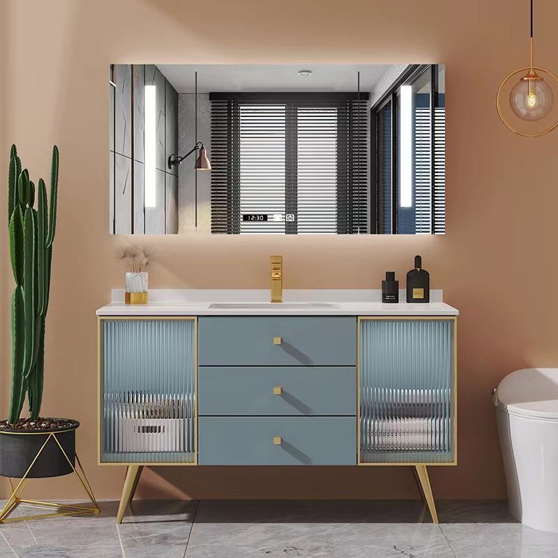 Freestanding Bathroom Vanity Blue Wood Frame Single Sink Rectangular Vanity with 3 Drawers