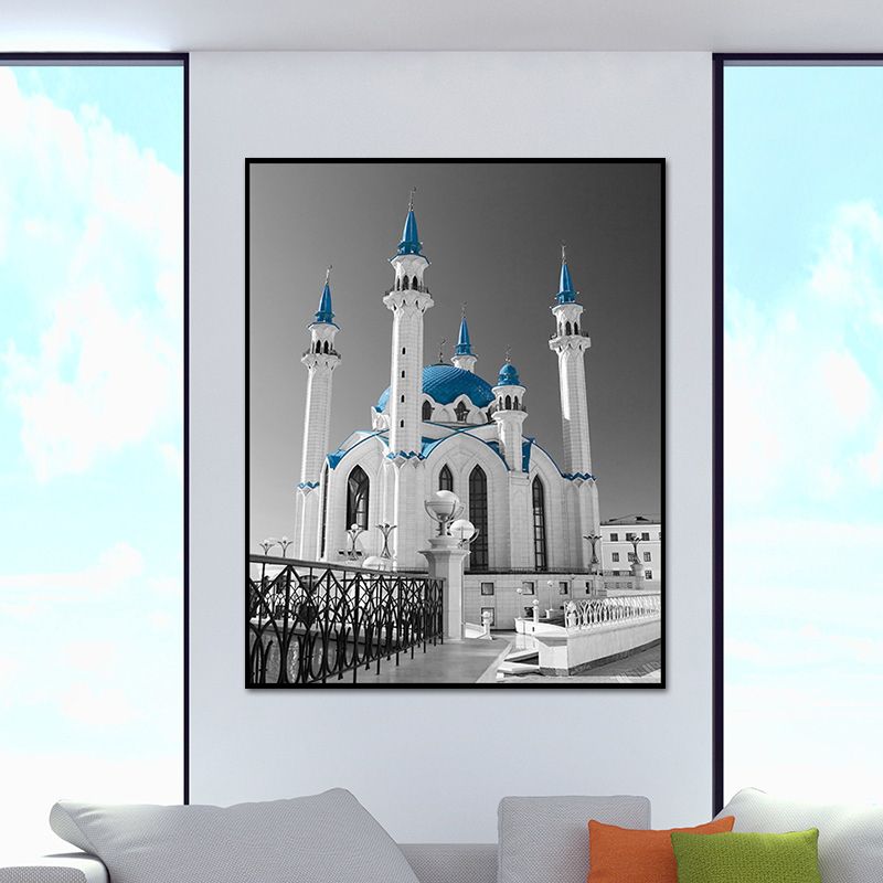 Global Inspired Castle Wall Art Canvas Textured Blue Wall Decor for Sitting Room