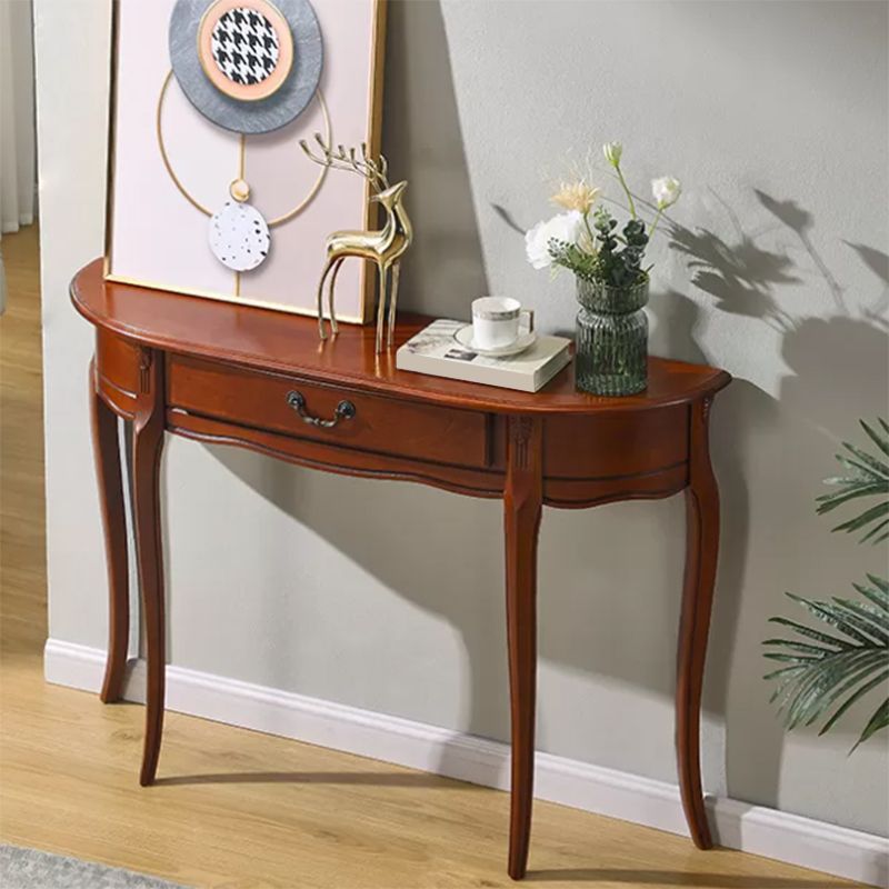 Solid Wood Half Moon Accent Table 1 Drawer 33.46" Tall End Table