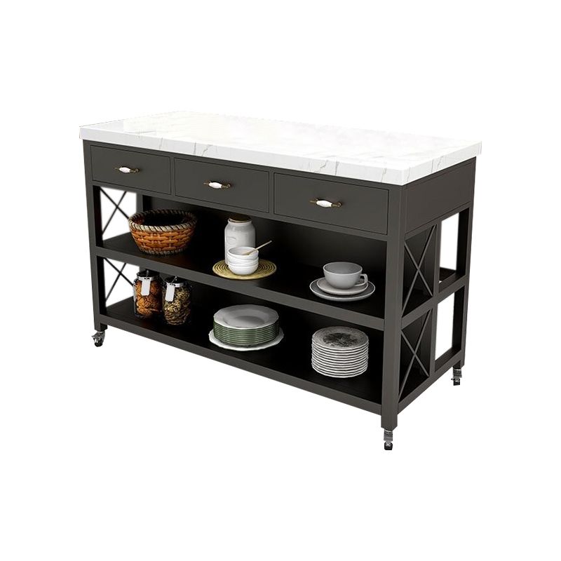 Faux Marble Top Kitchen Island Cart Modern Rectangle with 3 Drawers