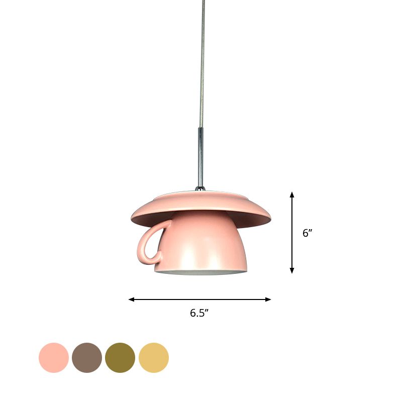 1-Light Restaurant Hanging Lighting Macaron Pink/Grey/Green LED Drop Pendant Lamp with Coffee Cup Ceramics Shade