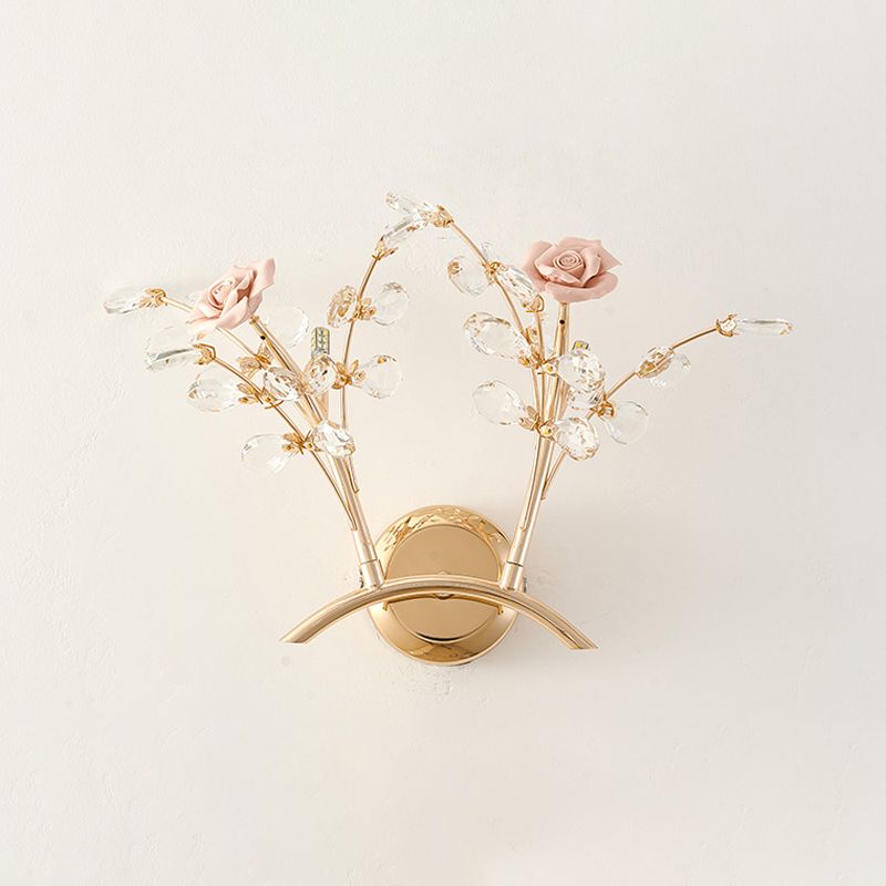 Rose K9 Crystal Wall Lighting Modernist 2 Lights Hallway Wall Mounted Light Fixture in Gold