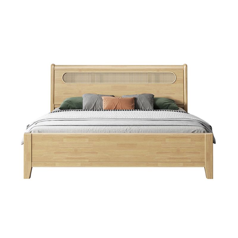Rectangular Beige Panel Bed Rubberwood and Rattan Bed Frame with Headboard
