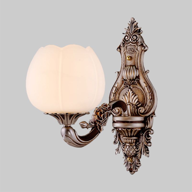 Frosted Glass Bloom Wall Lighting Vintage 1/2-Head Living Room Wall Light Sconce with Curved Arm in Coffee