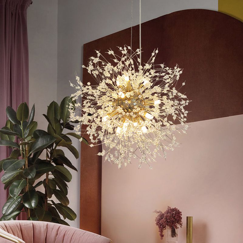 Modern Stylish Dandelion Chandelier Clear Crystal Bead Bedroom LED Ceiling Light in Brass