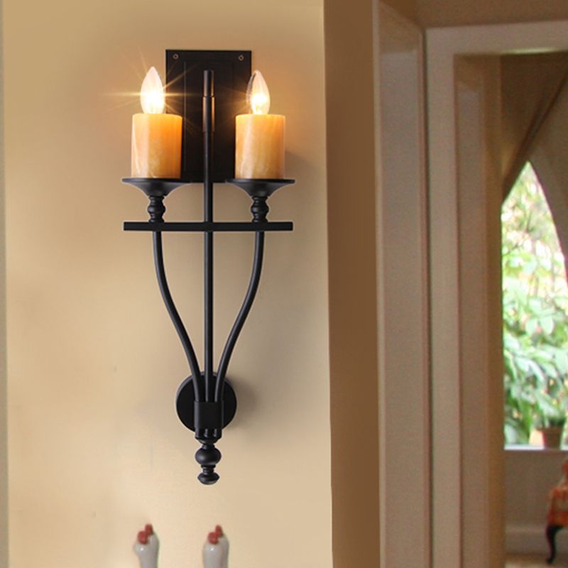 Candle Study Mur Mur Light Sconce Vintage Style Metal 2-Light Yellow / White White Wall Lampe avec une teinte en marbre