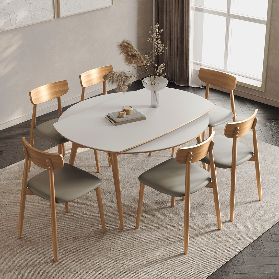 Modern White Stone Top Dining Table Extendable for Small Spaces