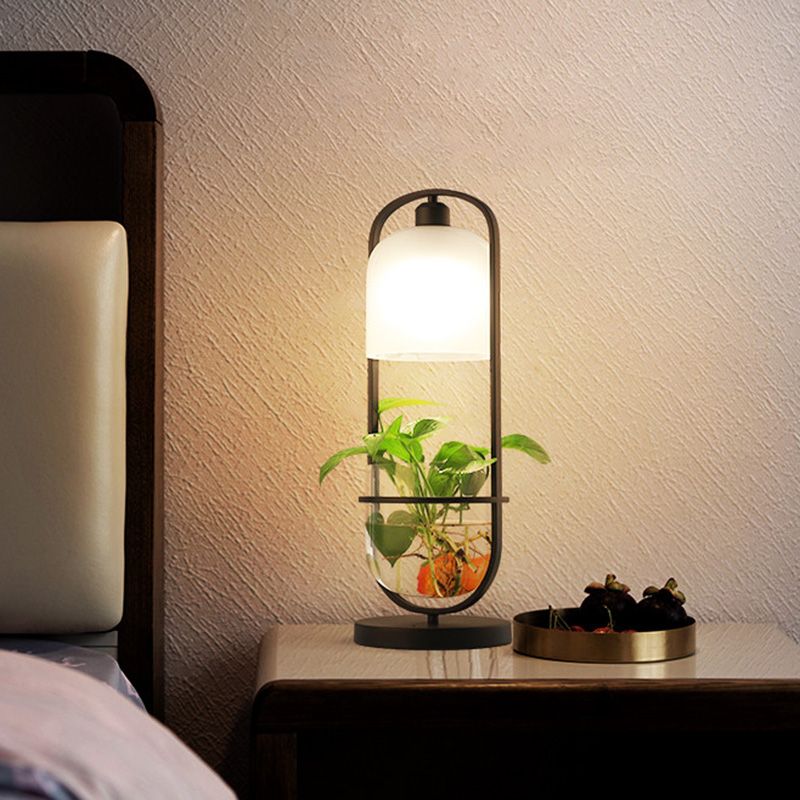Lámpara de mesa nocturna ovalada negra de la sala de estar de metal industrial luz de noche con recipiente de plantas