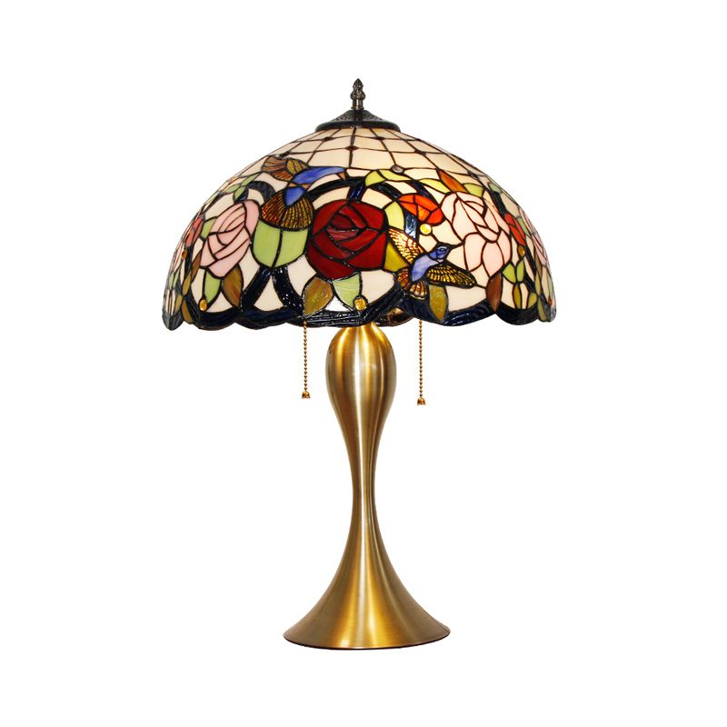 Lampada da comodino a cupola tradizionale vetro colorato 3 teste in ottone a catena leggera con motivo floreale e uccello