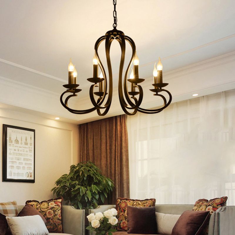 Iluminación colgante de brazo remolino negro de metal de estilo clásico 3/5/6 Lights Lights Living Chandelier