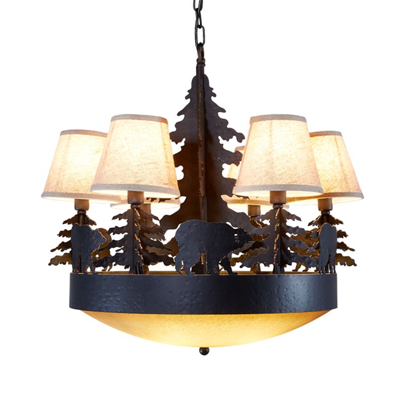 8 Bulbs Bowl Chandelier Light Country Black Opal Glass Hanging Ceiling Fixture with Cone Fabric Shade