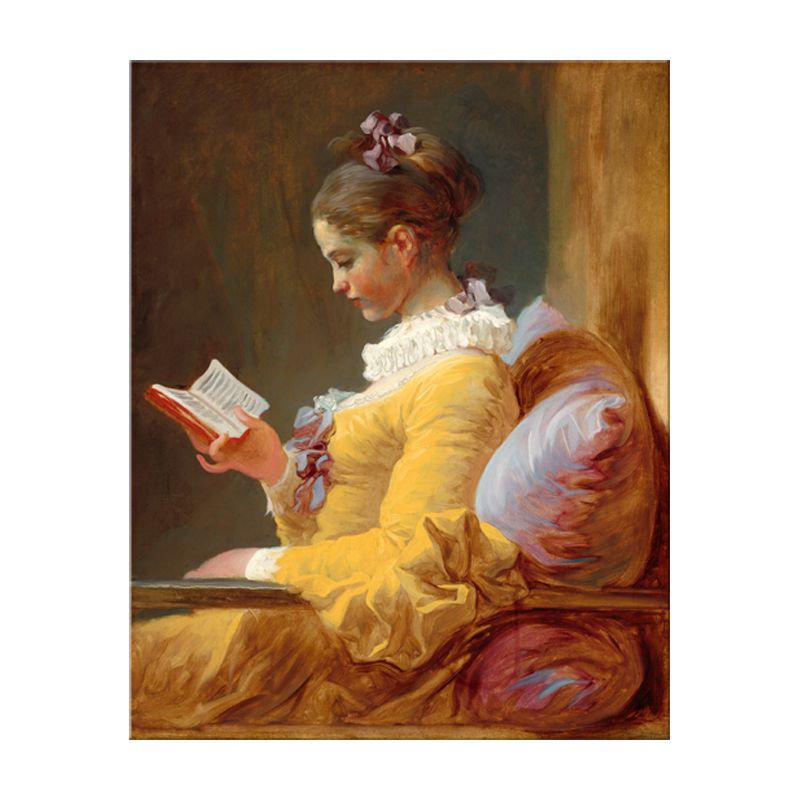 Girl Reading Art Print Vintage Textured Living Room Wrapped Canvas in Yellow (Multiple Size Options)