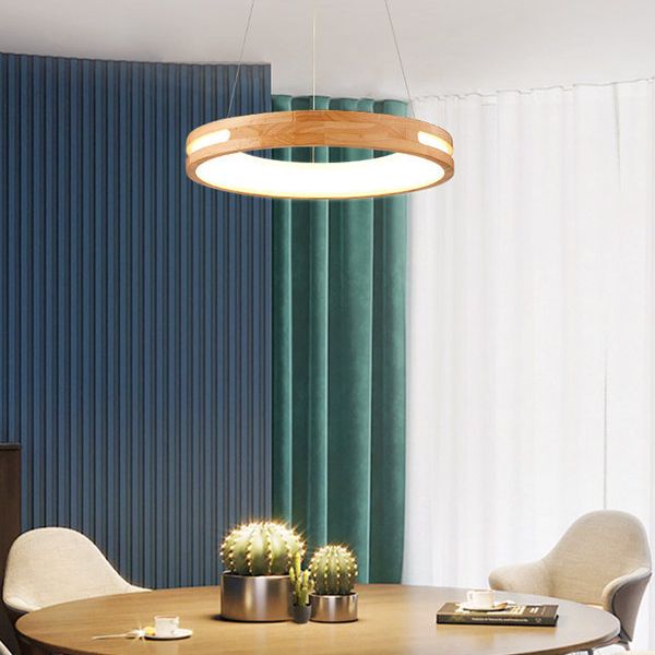 Circular LED Chandelier Light Fixture Simplicity Wooden Diner Ceiling Suspension Lamp