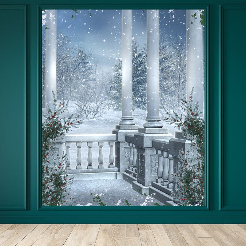 Romantic Balcony Snow View Mural Decal for Living Room, Blue, Custom Size Available