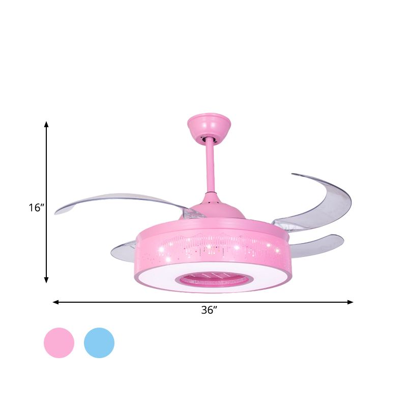4 Blades Metallic Ring Semi Flush Lighting Modern 36" W LED Pendant Fan Lamp Fixture in Pink/Blue with Hollowed Out Design, Wall/Remote Control
