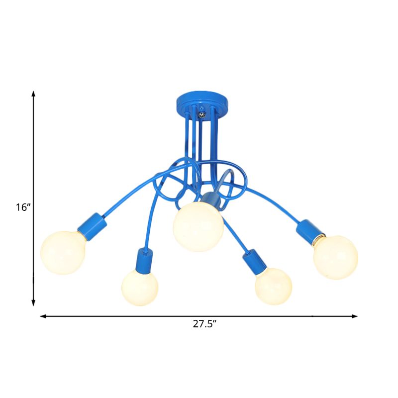 Curved Arm Semi Flush Lighting Contemporary Metal 3/5 Lights Blue/Red Semi Flush Ceiling Lamp Fixture