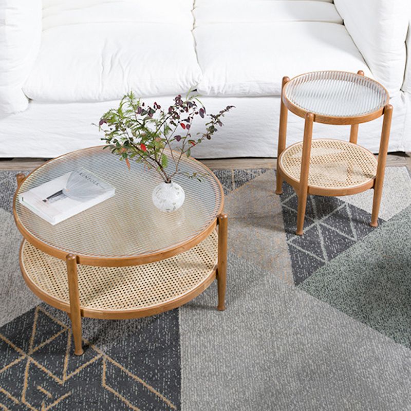 Tropical Coffee Table Glass Top Round Coffee Cocktail Table with Storage