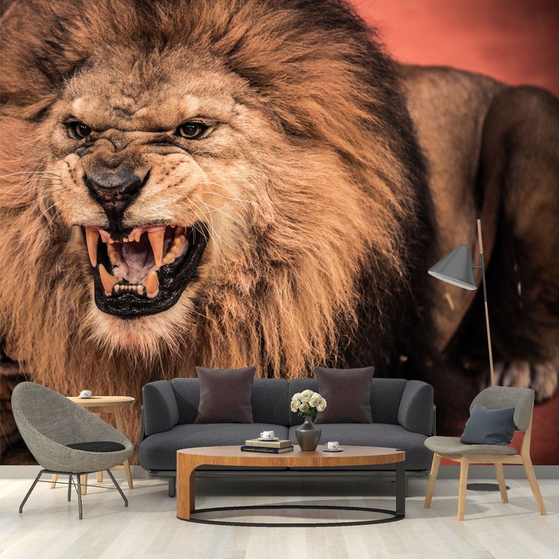 Photography Lion Roaring Mural Wallpaper for Bedroom, Brown, Personalized Size Available