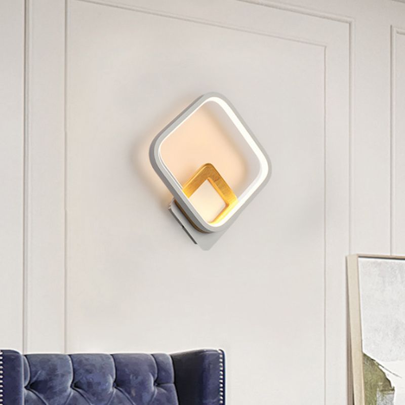Metal Diamond-Frame Wall Sconce Minimalist White and Wood LED Wall Mounted Light in Warm/White Light