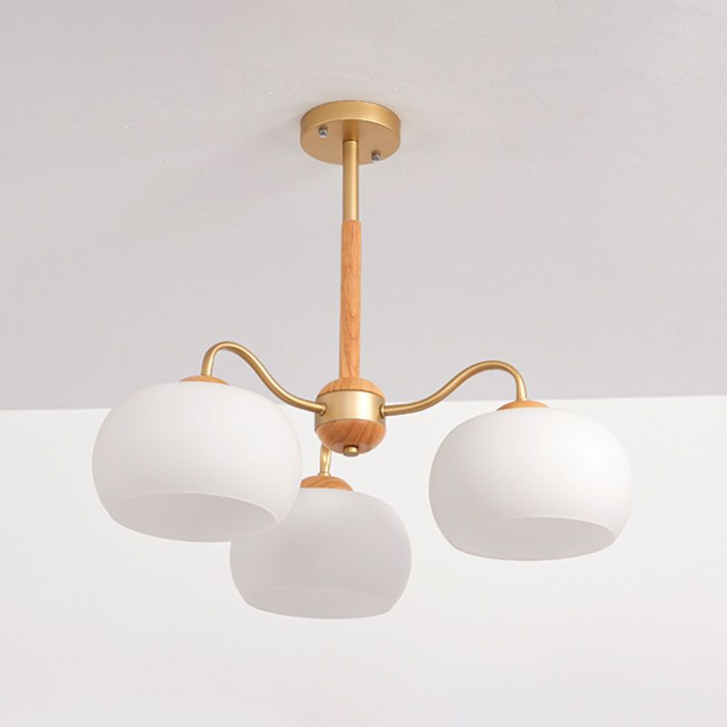 Solid Wood Domed Chandelier Lighting Nordic Hanging Light with White Glass Shade