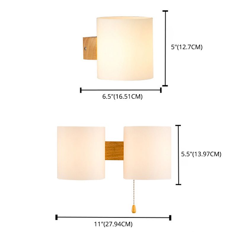Wooden Cylindrical Wall Lamp in Modern Concise Style White Glass Wall Sconce for Interior Spaces