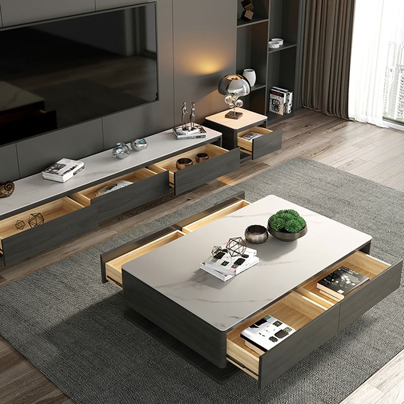 Contemporary Rectangular Stone Coffee Table 16.9" H Block Cocktail Table with 4 Drawers