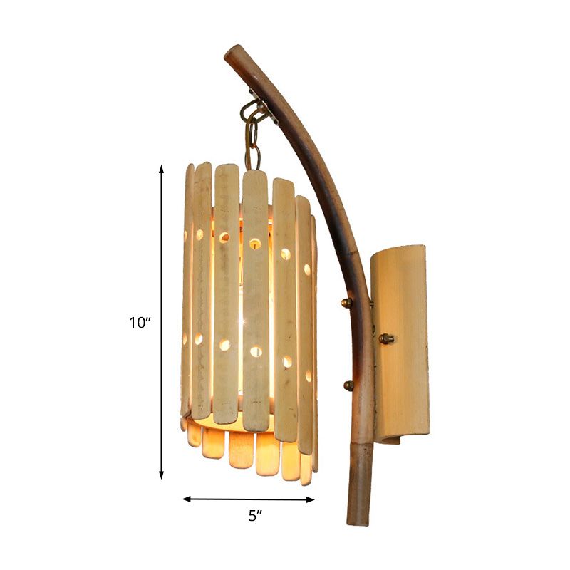 1-Head Corridor Wall Sconce Light Fixture Asian Style Beige Curved Arm Wall Mounted Lamp with Cylinder Wood Shade