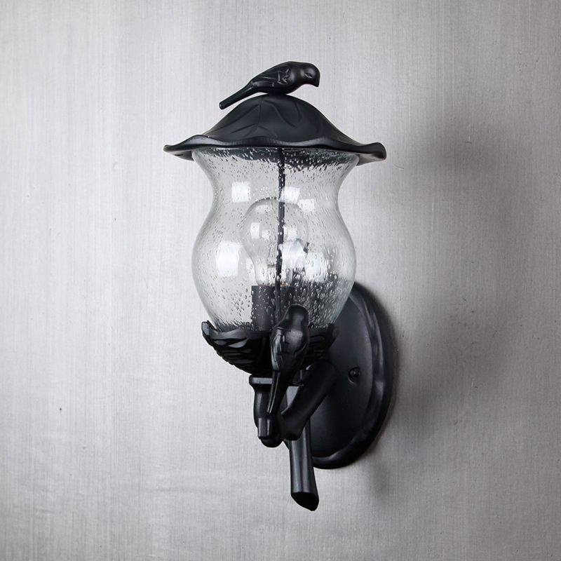 1-Light Seedy Glass Lantern Sconce Rustic Black Gourd Shaped Garden Wall Lamp with Bird Deco