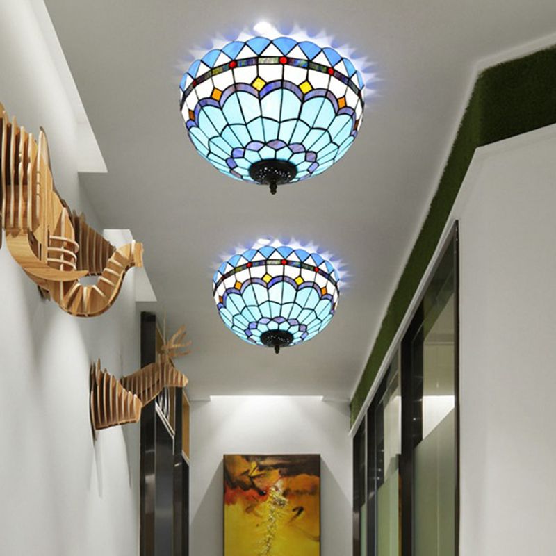 Blue 2/3 Bulbs Ceiling Mount Light Fixture Mediterranean Hand Rolled Art Glass Bowl Flush Mount Lighting, 12"/16" W