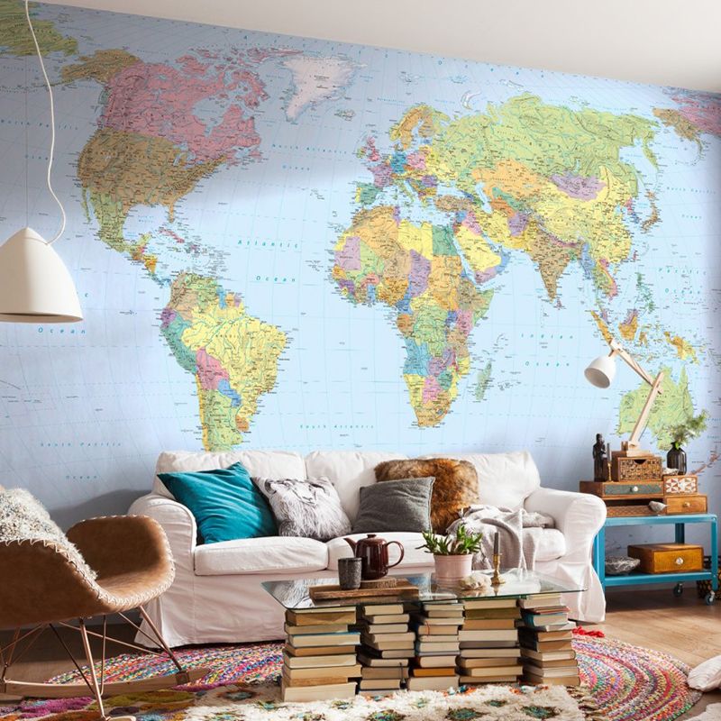 Big Minimalist Wall Mural Decal in Blue and Green World Map Wall Covering, Made to Measure