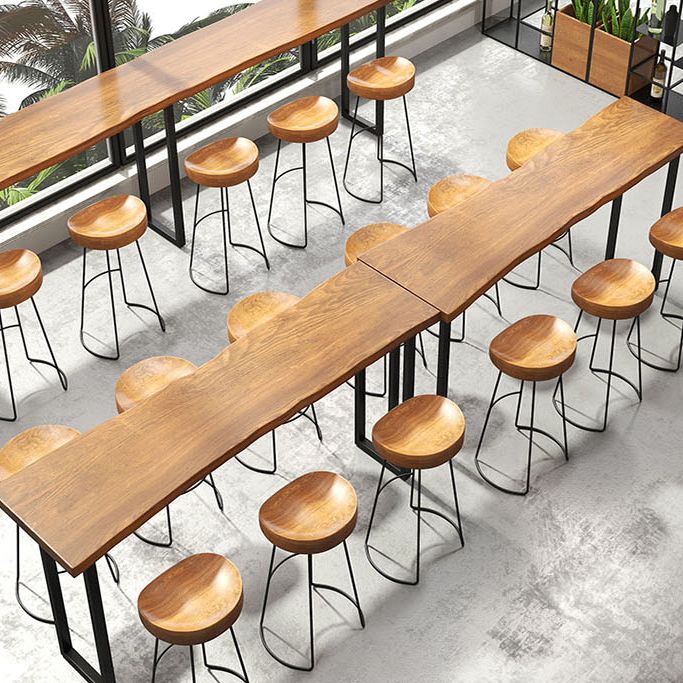 Brown Modern Style Bar Table Solid Wood and Metal with Footrest Coffee Shop Table