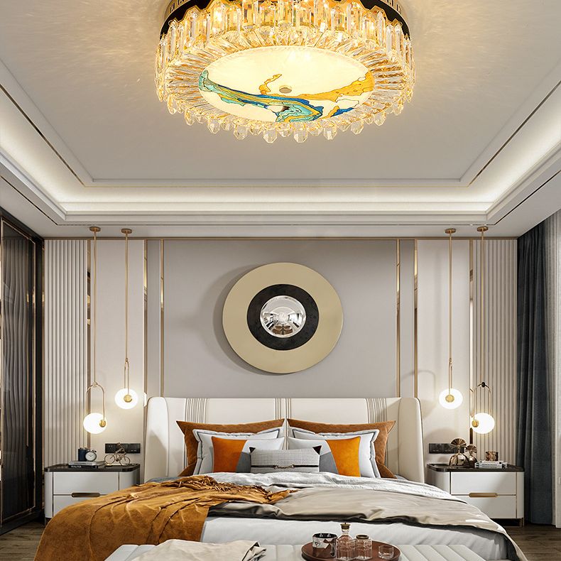 Creative Modern Drum Flush Mount Lamp Crystal Block Bedroom LED Ceiling Light in Brass