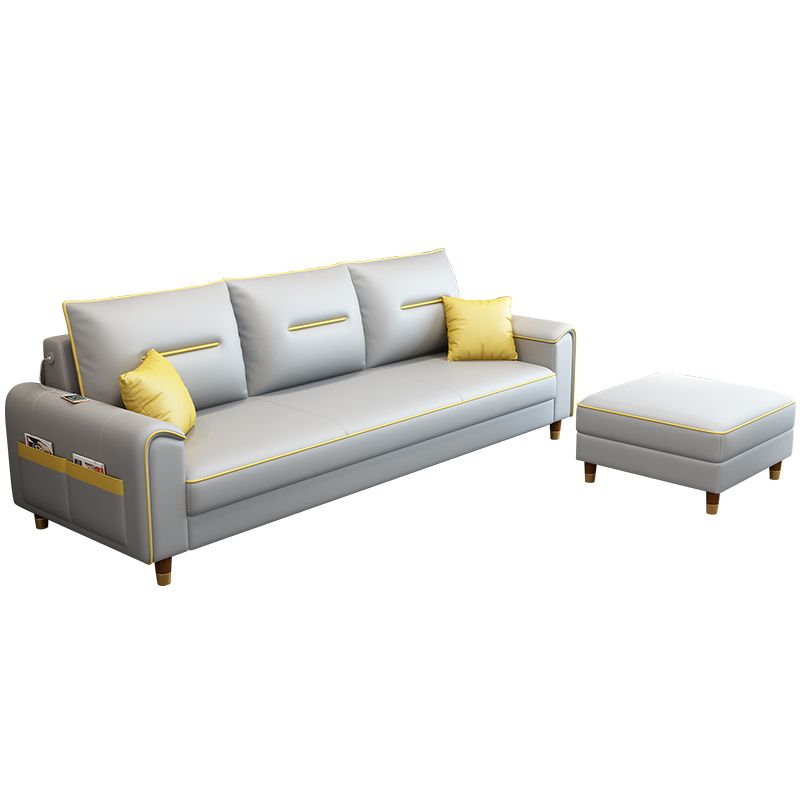 Nordic Leather Sofa with Bolster Pillows Single Cushion Seat Square Arm for Living Room
