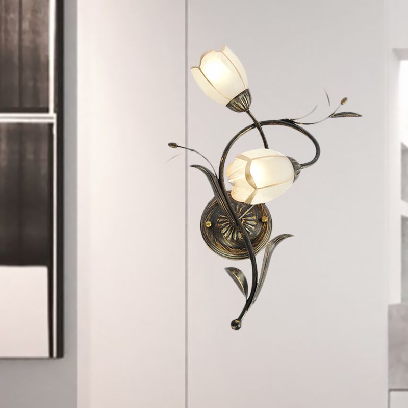 Iluminación de apliques de pared de flores vintage 2 cabezas Luz de pared de vidrio esmerilado en bronce para sala de estar, derecha/izquierda