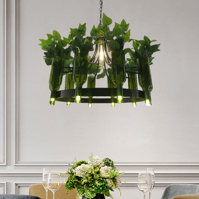 Clear Glass Black Hanging Chandelier Bottle Shaped 10-Light Vintage Ring Suspension Light with PVC Plant Deco