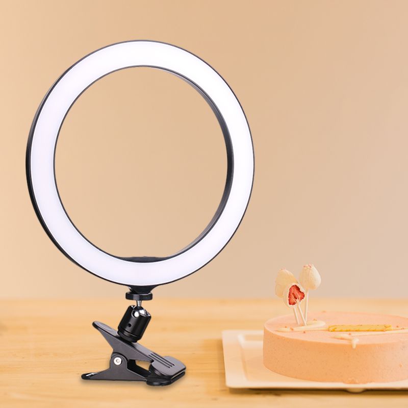 Contemporary Circle Clip on Vanity Light Metal Mobile Phone Holder Portable LED Fill Lamp in Black, 6"/8" Dia